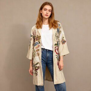 NWOT Johnny Was Bamboo KIMONO Embroidered Beaded sequins Floral Coat Jacket Sz S